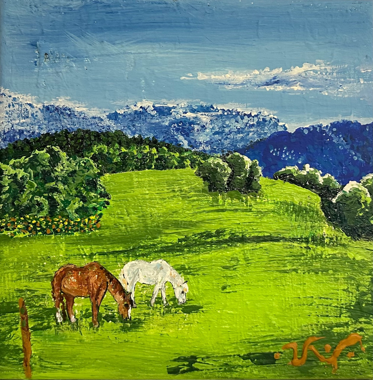 Serenity - Two Horses Grazing - 8"x8"