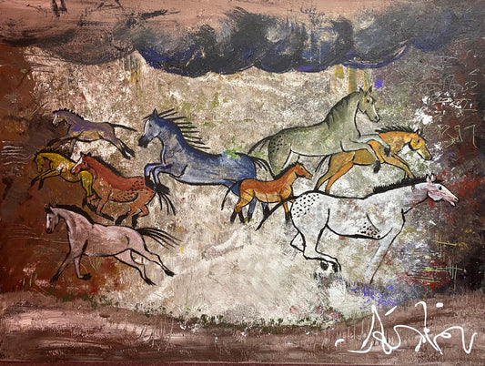 Primitive Horses Running on Cave Wall I - 40" x 30"